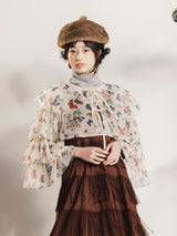 Meridian バタフライ柄 ラッフルスリーブ 長袖ブラウス