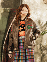 【2色展開】Meridian パッチ刺繍 フェイクレザー スタジアムジャケット