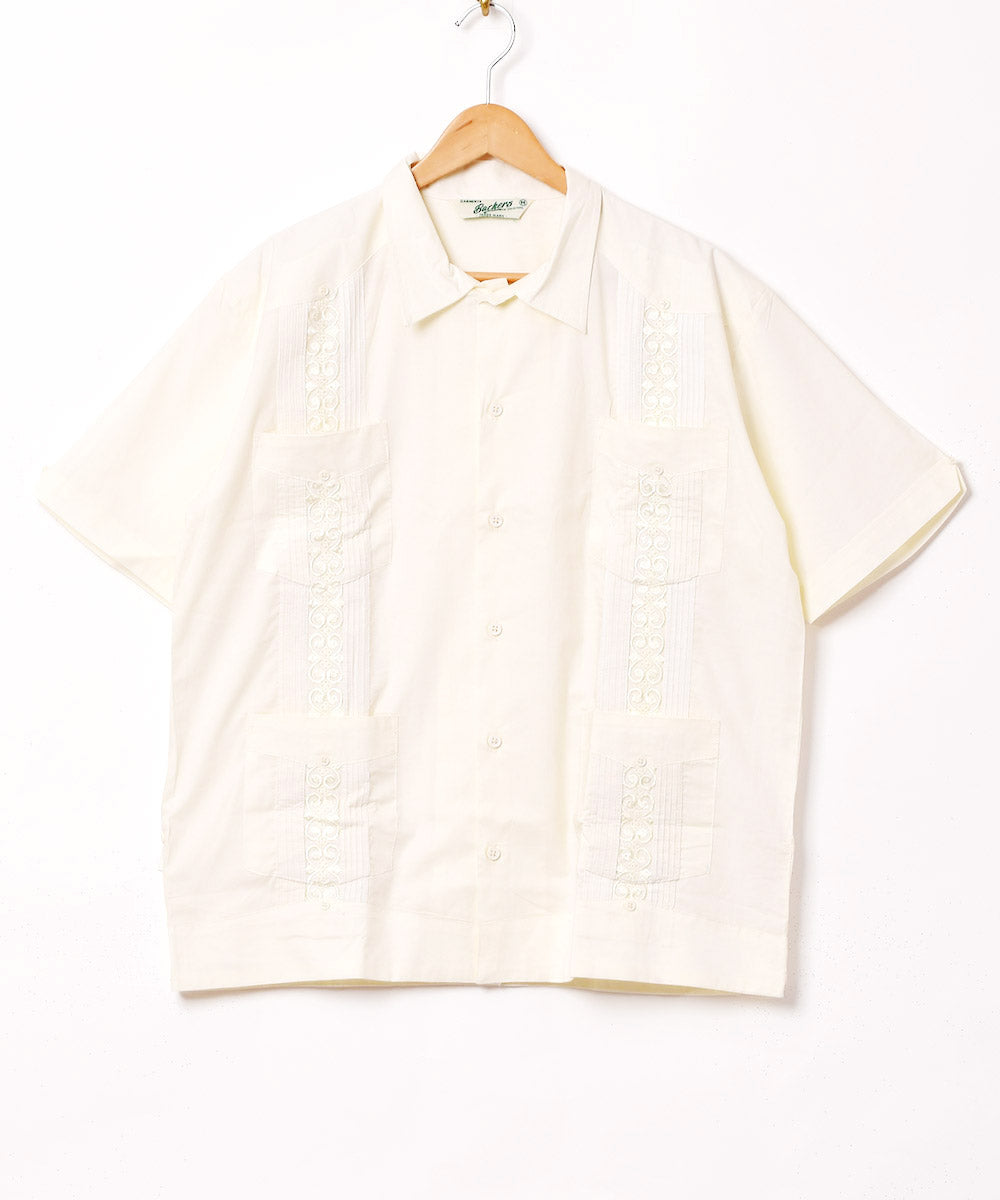 90s 刺繍デザイン　フルジップ半袖キューバシャツ　白　M ボックス型　古着 正規 品ファッション - 刺繍デザイン フルジップ半袖キューバ