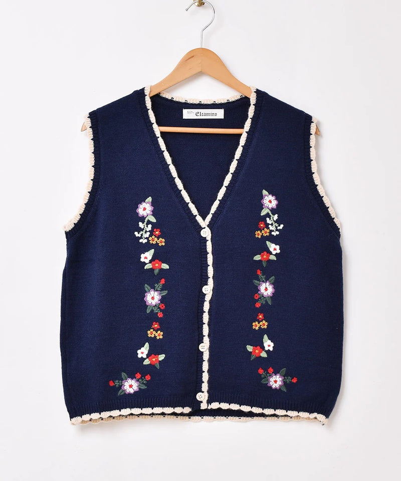 【3色展開】Elcamino フラワー刺繍 パイピング ニットベスト