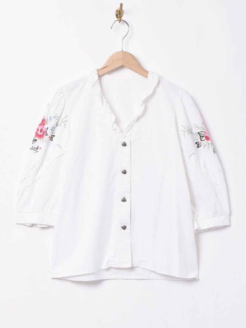 花刺繍 5分袖 ホワイトブラウス