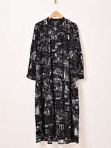 【3色展開】Meridian 総柄 長袖 ティアードワンピース