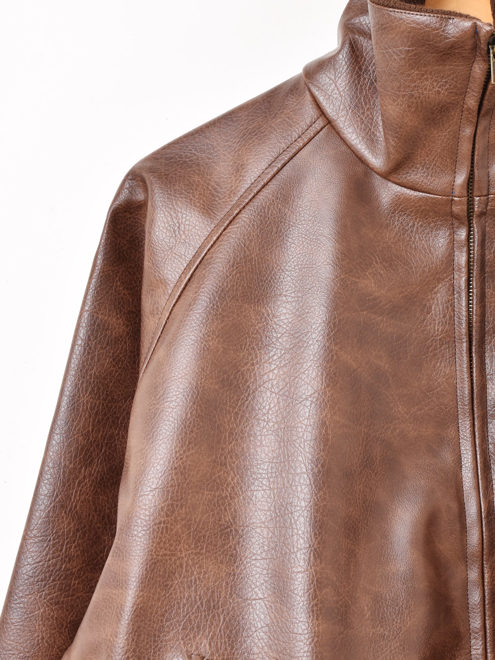 ブラウンレザーブレザー 2色展開】Meridian フェイクレザー リブカラー ブルゾン – 古着