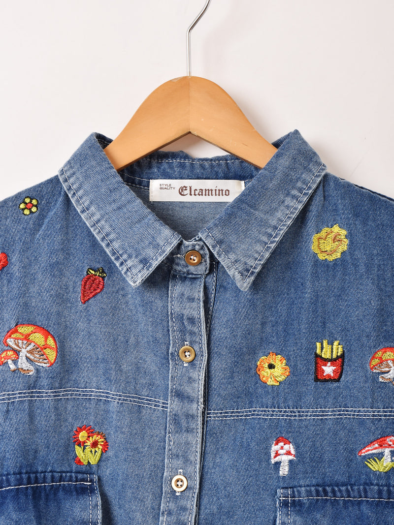 【レア】LVC デニムシャツ　きのこ刺繍　M Elcamino キノコ刺繍 半袖 デニムシャツ – 古着屋Top of the Hillの