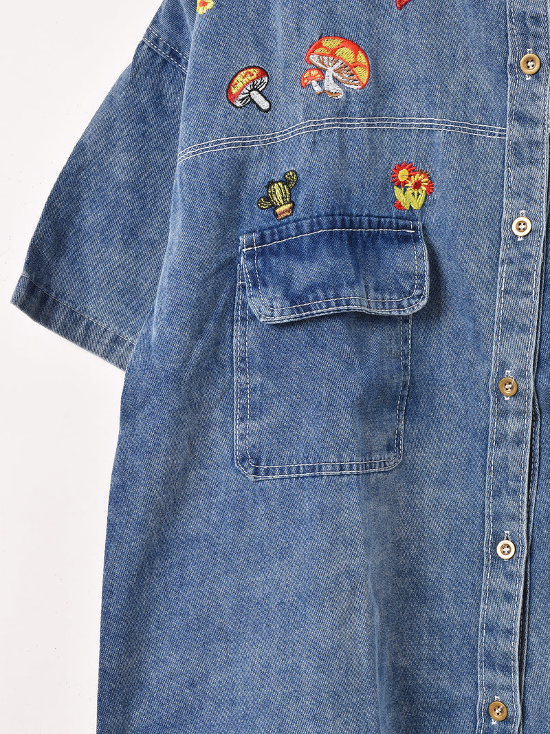 Elcamino キノコ刺繍 半袖 デニムシャツ – 古着屋Top of the Hillの