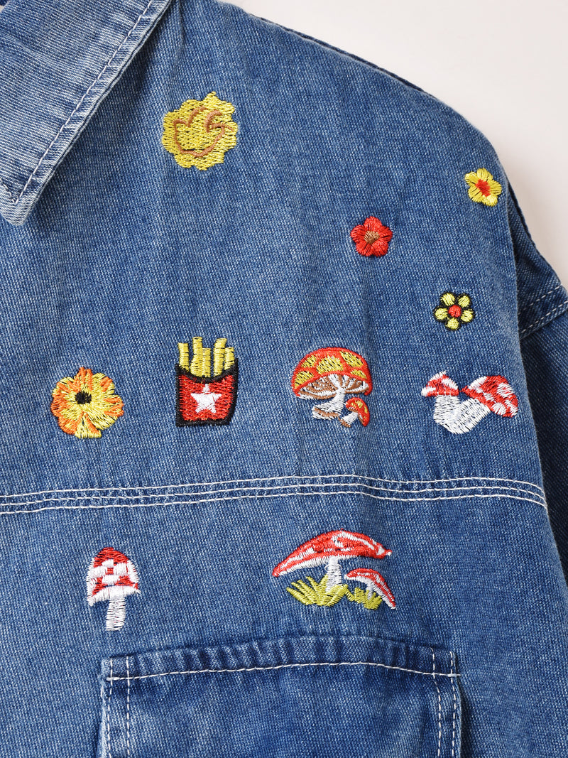 Elcamino キノコ刺繍 半袖 デニムシャツ – 古着屋Top of the Hillの