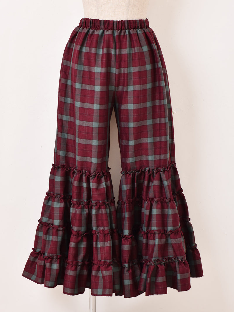 Meridian チェック柄 フリルヘム ロングパンツ