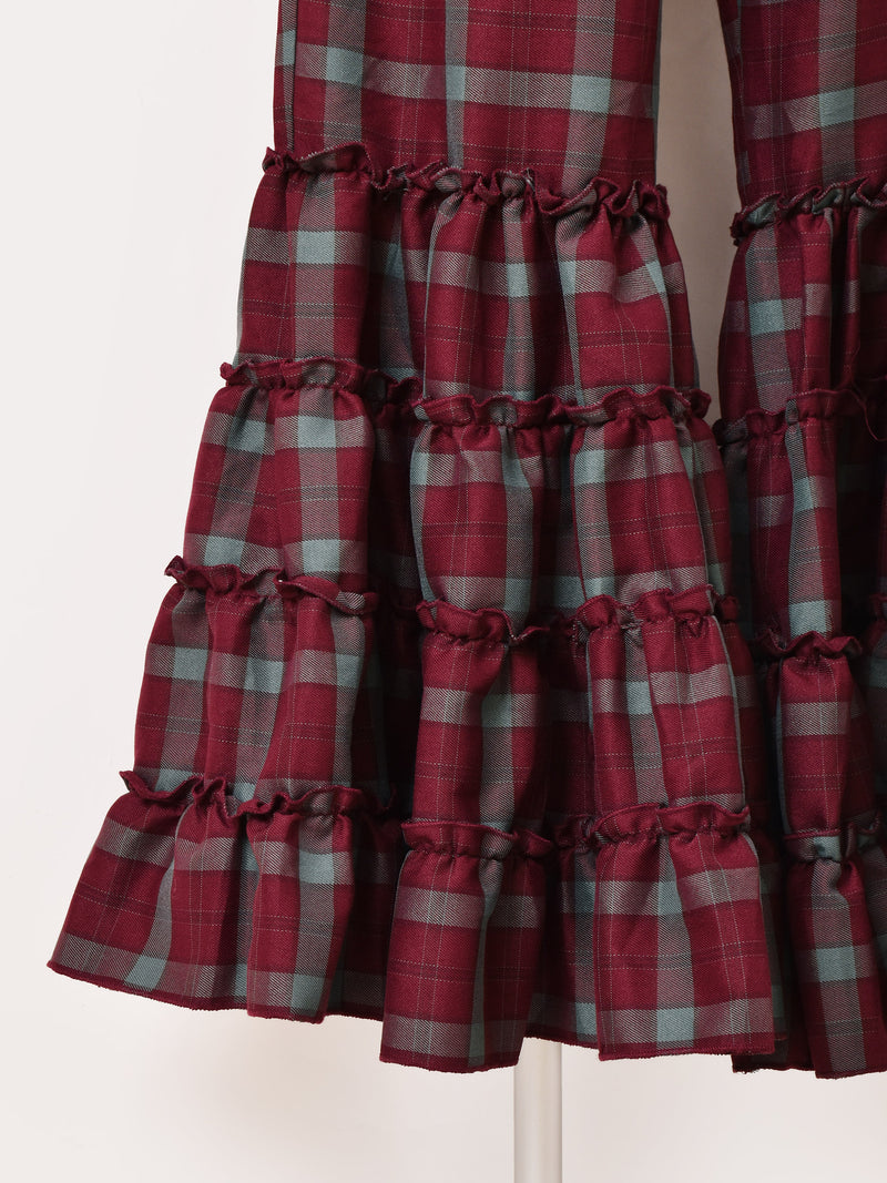 Meridian チェック柄 フリルヘム ロングパンツ