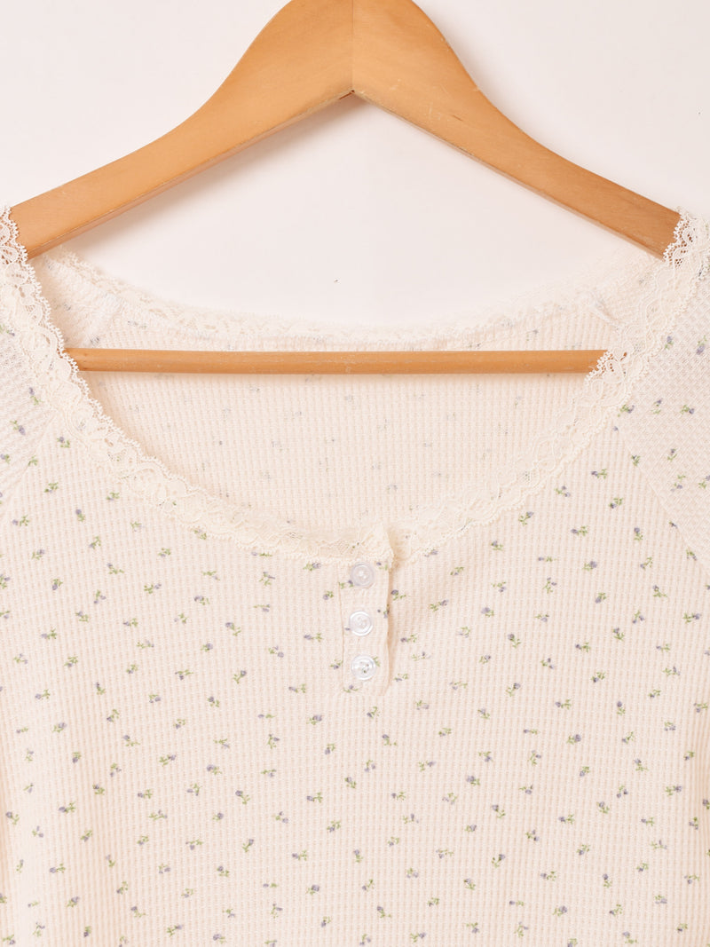 【2色展開】Meridian 花柄 レース 半袖 ワッフル カットソー