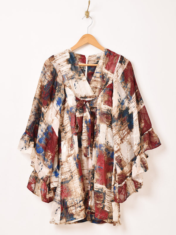 Meridian 総柄 フレアスリーブ ミニ 長袖ワンピース