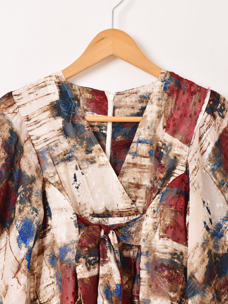 Meridian 総柄 フレアスリーブ ミニ 長袖ワンピース