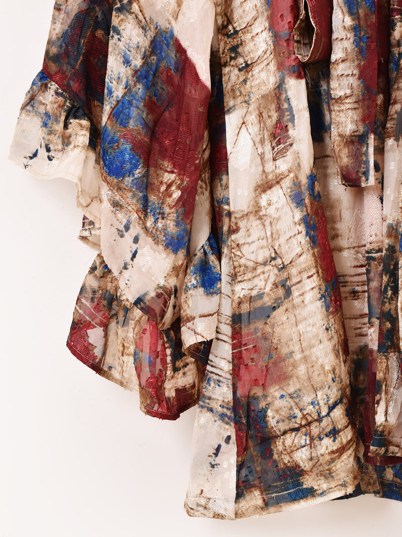 Meridian 総柄 フレアスリーブ ミニ 長袖ワンピース