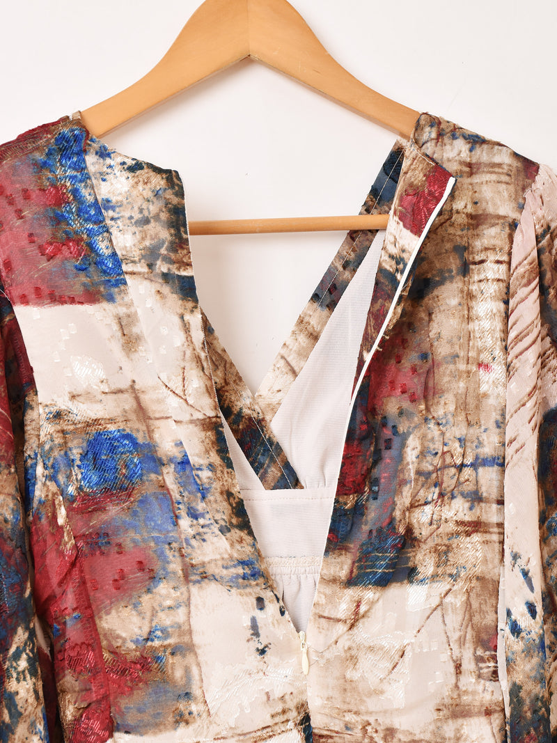 Meridian 総柄 フレアスリーブ ミニ 長袖ワンピース