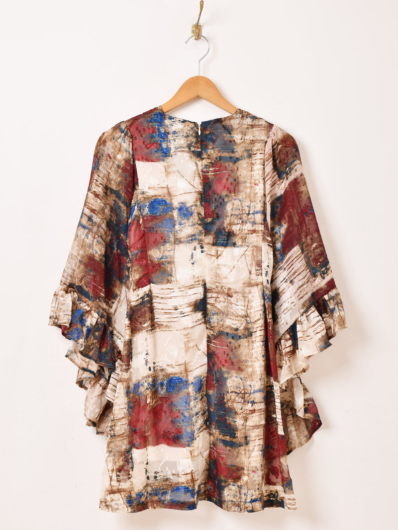 Meridian 総柄 フレアスリーブ ミニ 長袖ワンピース