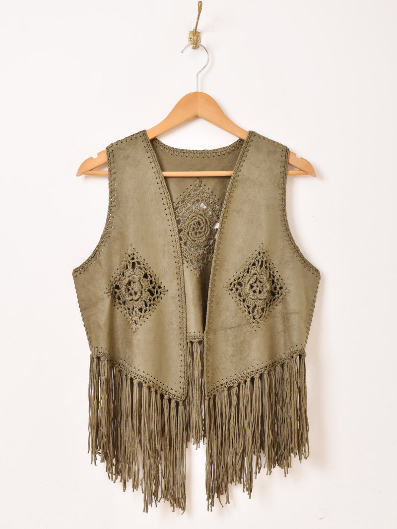 【2色展開】Elcamino フェイクスエード×クロシェ フリンジベスト