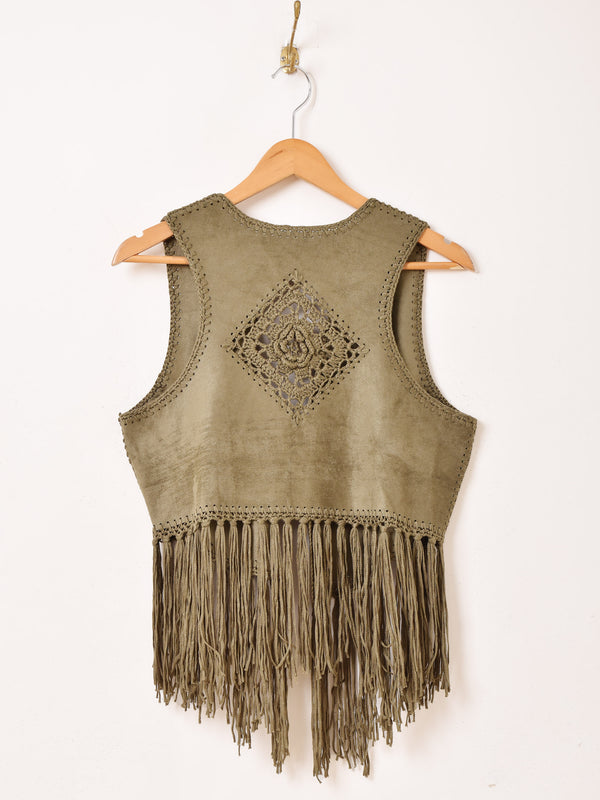 【2色展開】Elcamino フェイクスエード×クロシェ フリンジベスト