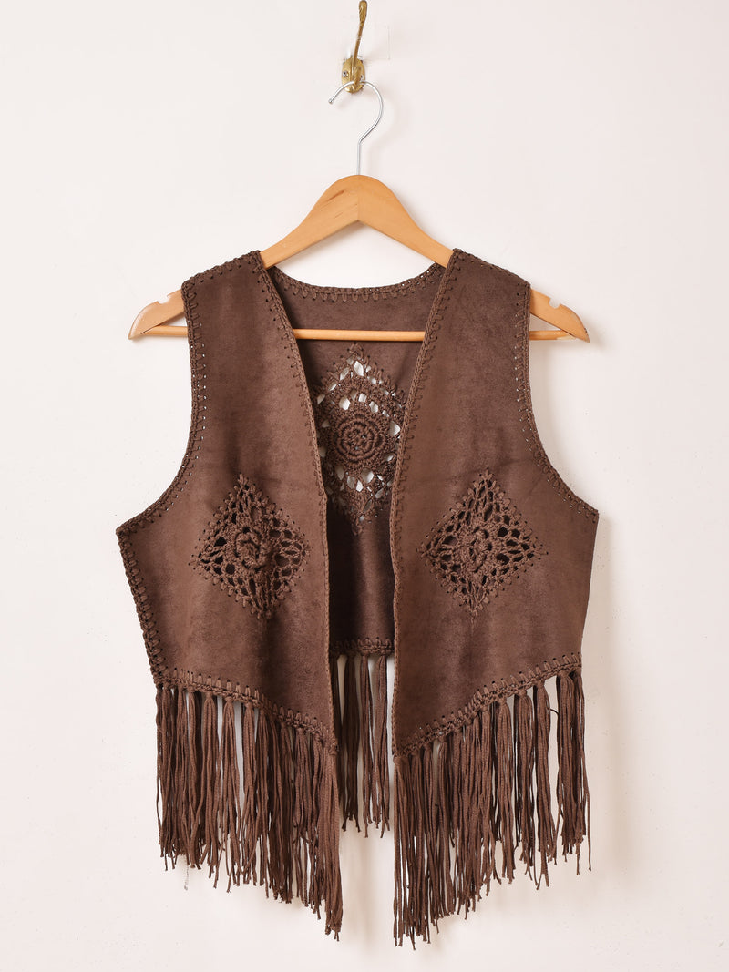 【2色展開】Elcamino フェイクスエード×クロシェ フリンジベスト