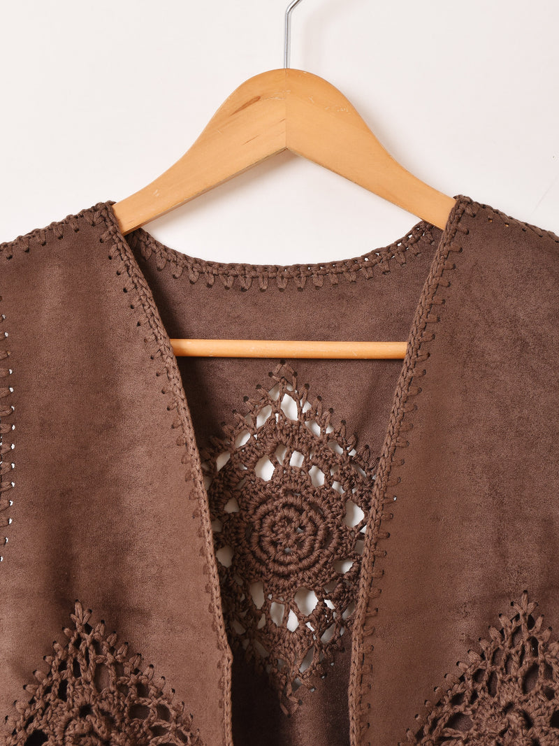 【2色展開】Elcamino フェイクスエード×クロシェ フリンジベスト