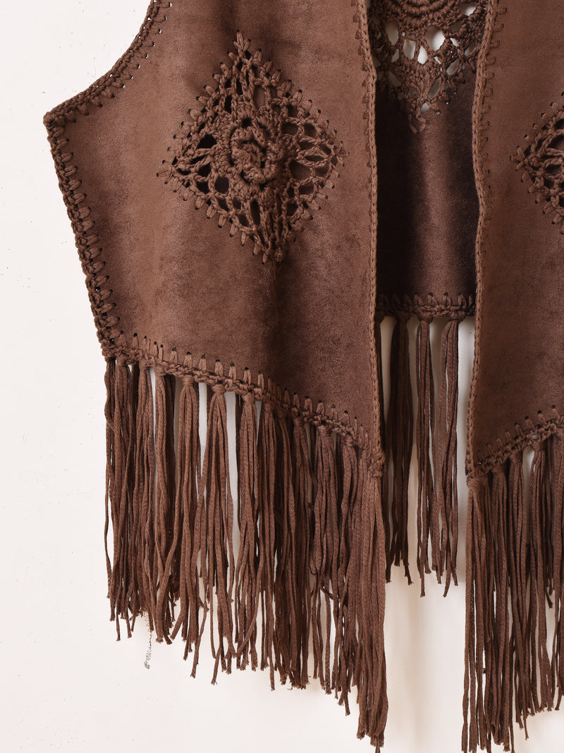 【2色展開】Elcamino フェイクスエード×クロシェ フリンジベスト