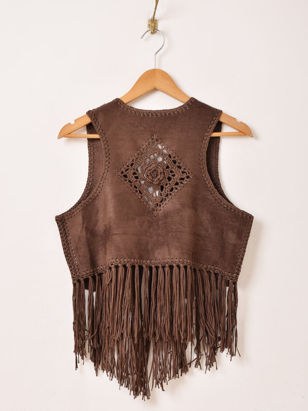 【2色展開】Elcamino フェイクスエード×クロシェ フリンジベスト