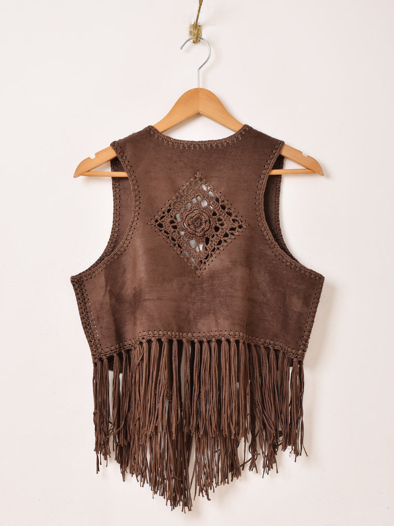 【2色展開】Elcamino フェイクスエード×クロシェ フリンジベスト