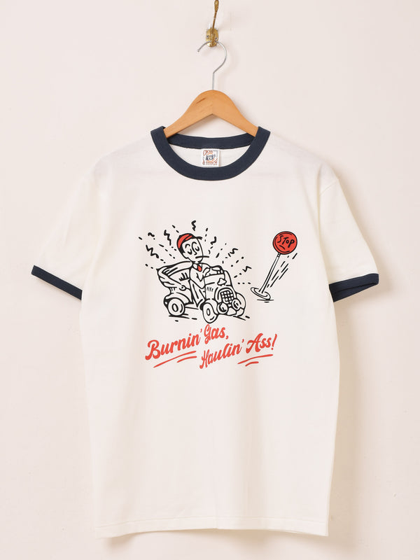 【2色展開】 プリント リンガーTシャツ「Burnin' Gas, Haulin' Ass!!」