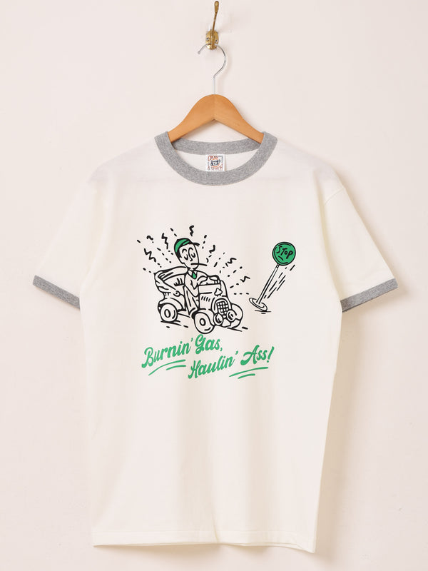 【2色展開】 プリント リンガーTシャツ「Burnin' Gas, Haulin' Ass!!」