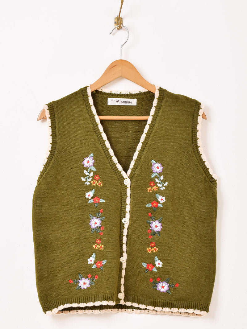 【3色展開】Elcamino フラワー刺繍 パイピング ニットベスト