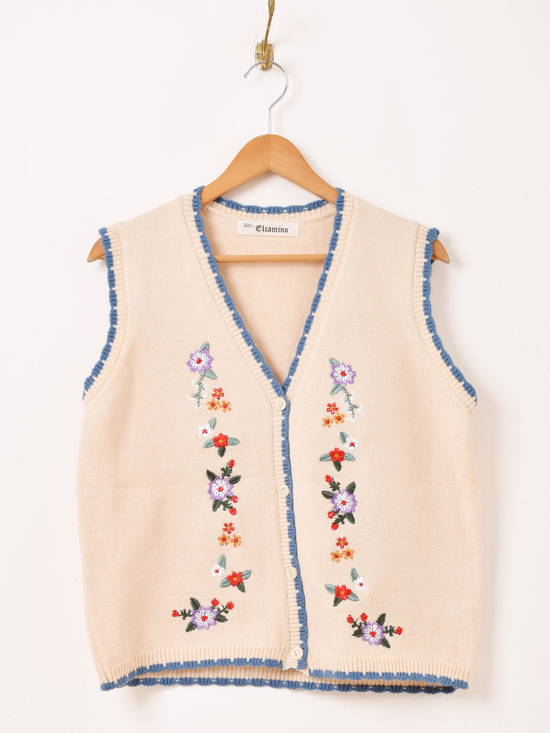 【3色展開】Elcamino フラワー刺繍 パイピング ニットベスト