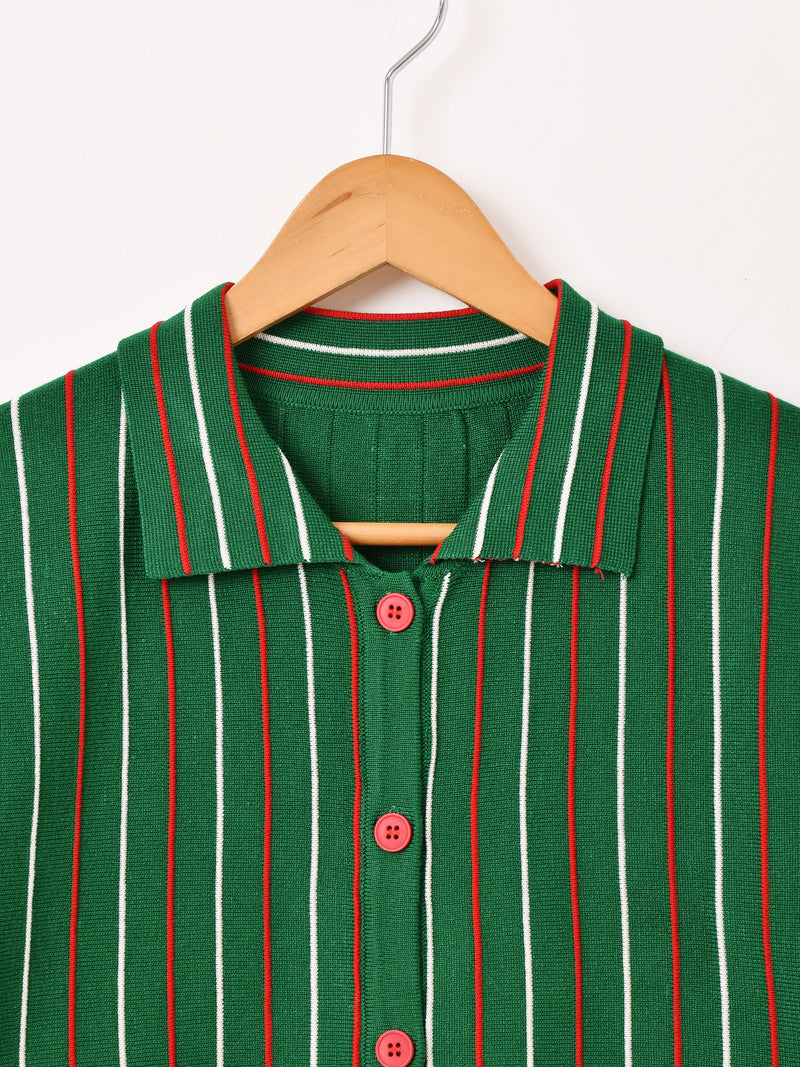 【2色展開】Meridian ストライプ 襟付き カーディガン