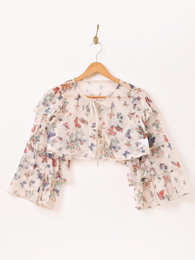 Meridian バタフライ柄 ラッフルスリーブ 長袖ブラウス