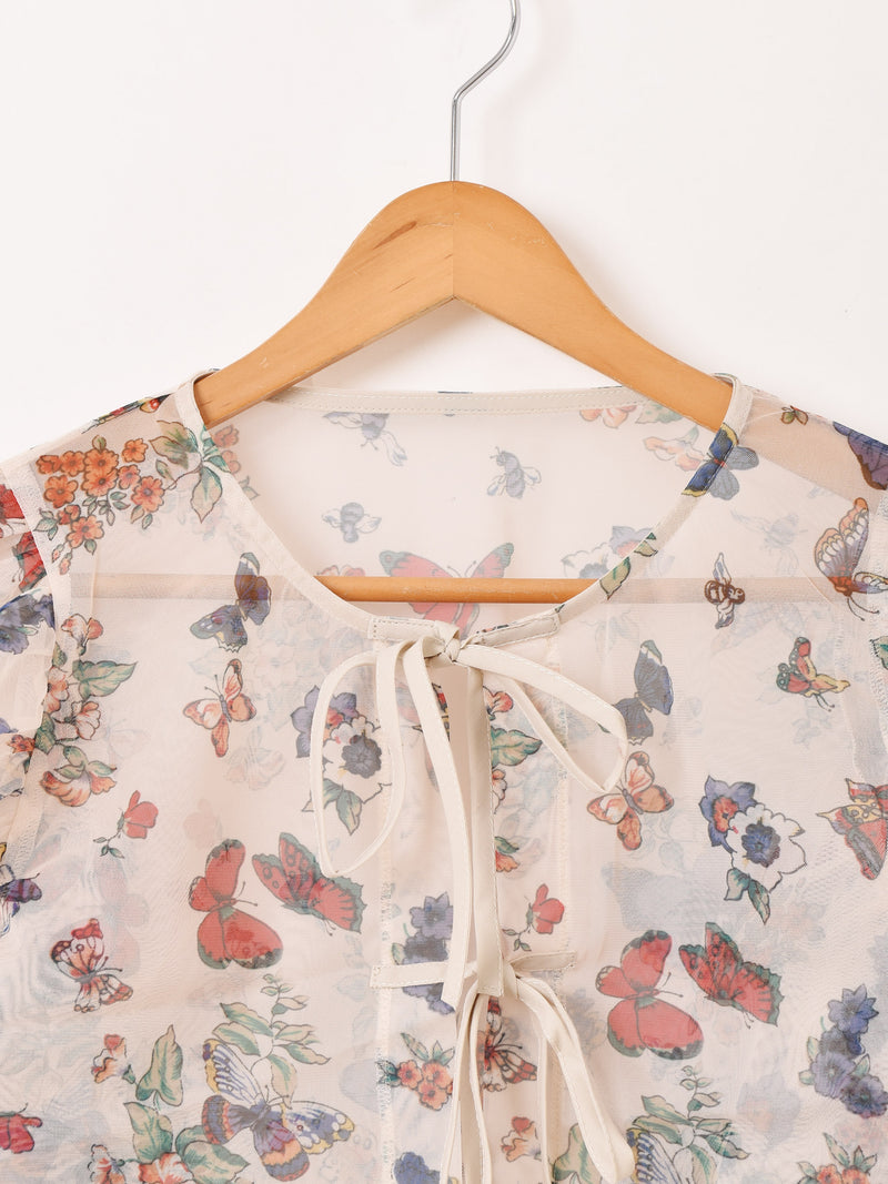 Meridian バタフライ柄 ラッフルスリーブ 長袖ブラウス