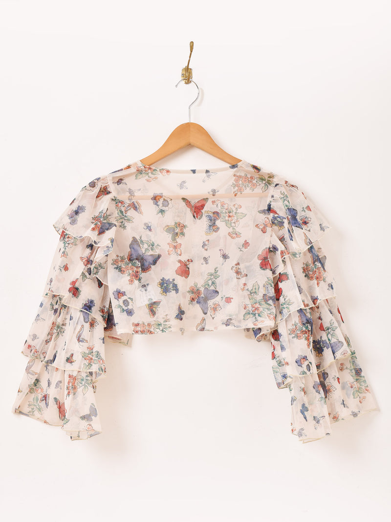 Meridian バタフライ柄 ラッフルスリーブ 長袖ブラウス