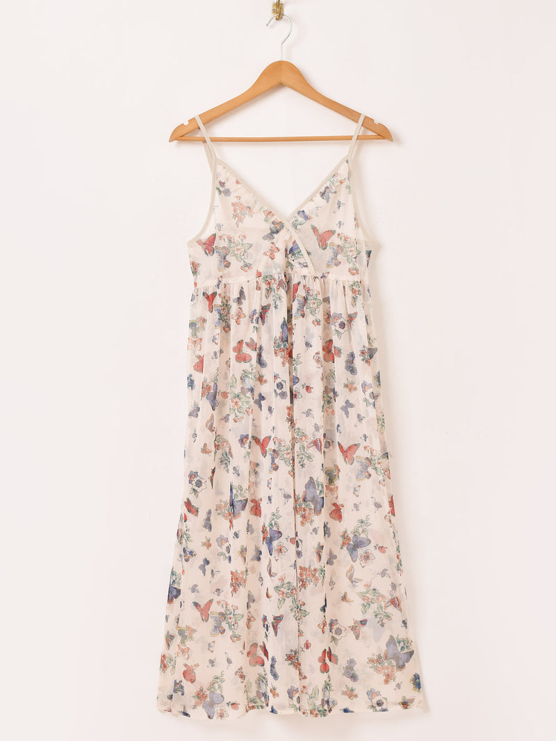 Meridian バタフライ柄 チュールキャミソールワンピース