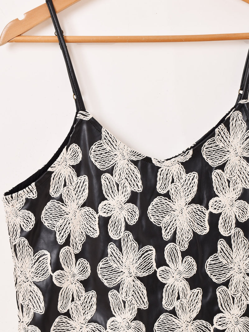 Meridian 花柄 刺繍 フェイクレザー キャミソールワンピース