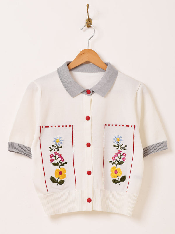 【2色展開】Meridian フラワー刺繍 半袖 カーディガン
