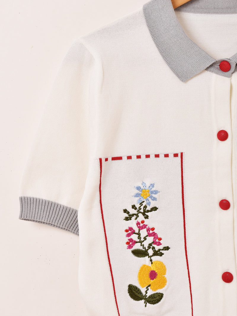 【2色展開】Meridian フラワー刺繍 半袖 カーディガン