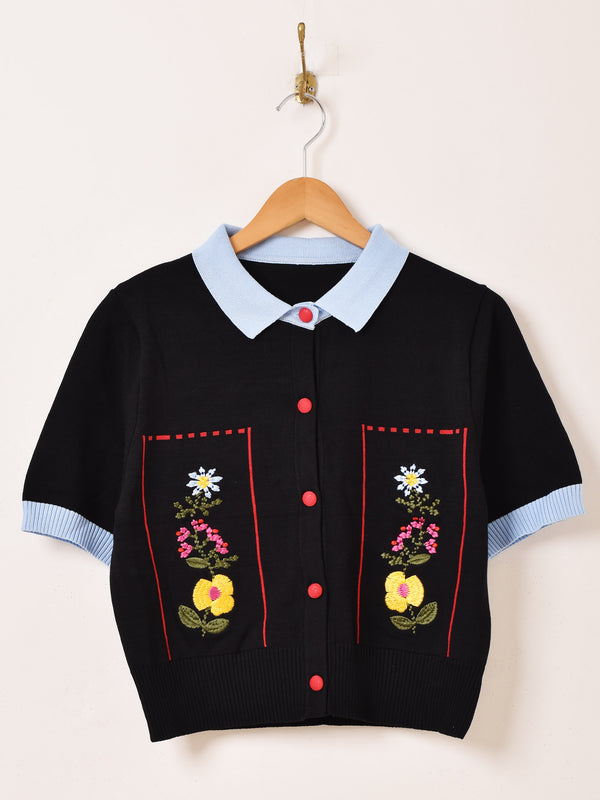 【2色展開】Meridian フラワー刺繍 半袖 カーディガン