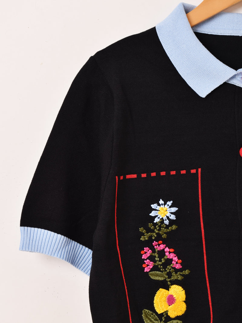 【2色展開】Meridian フラワー刺繍 半袖 カーディガン