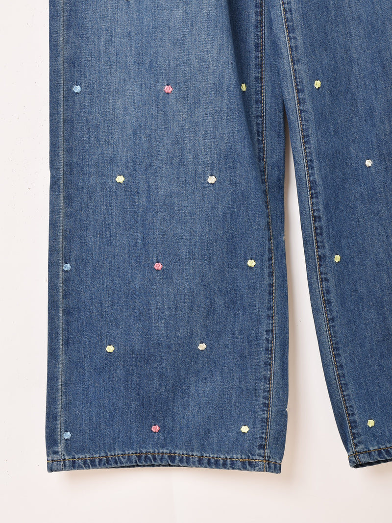 【2色展開】Elcamino フラワードット刺繍 デニムパンツ