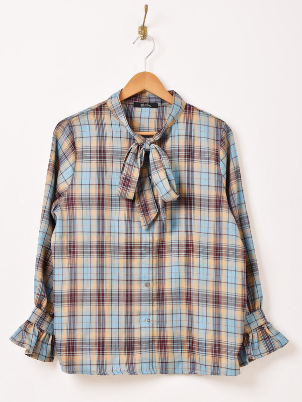 Meridian チェック柄 フリル ボウタイブラウス