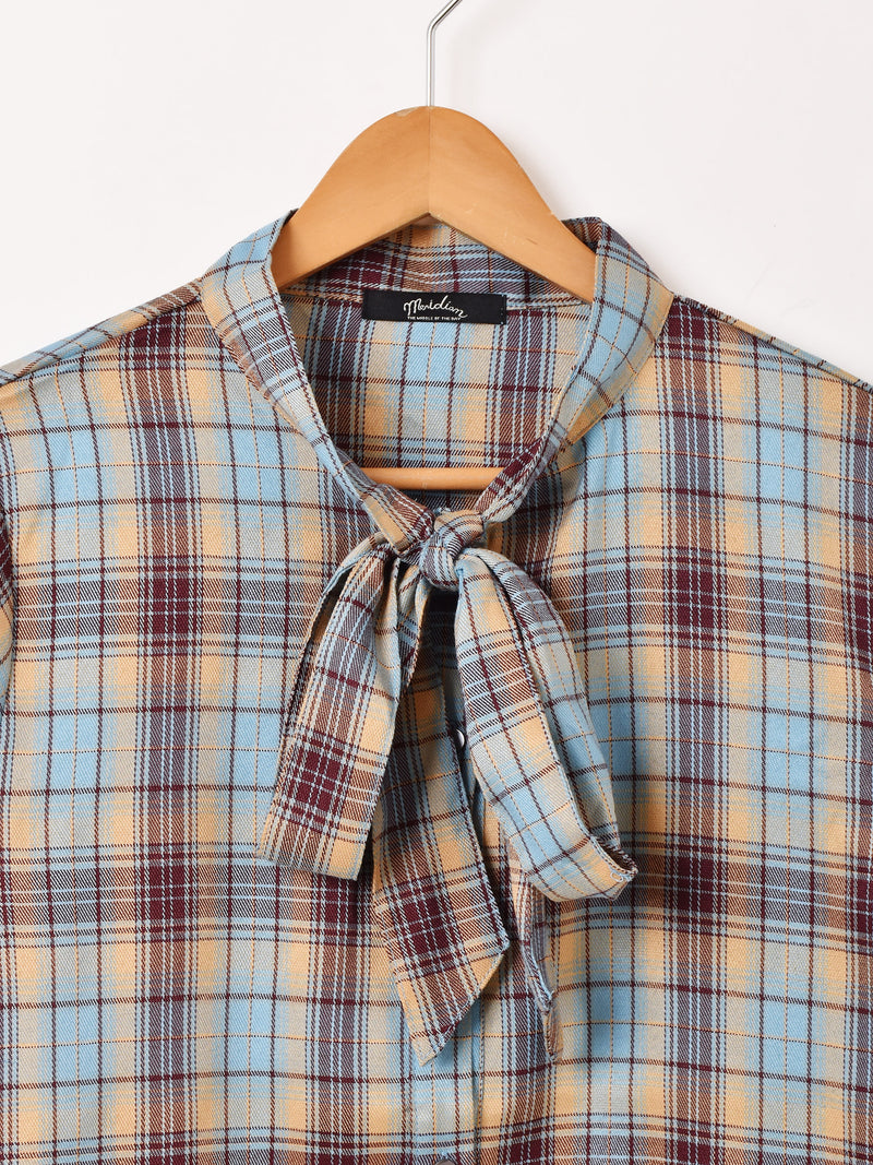 Meridian チェック柄 フリル ボウタイブラウス