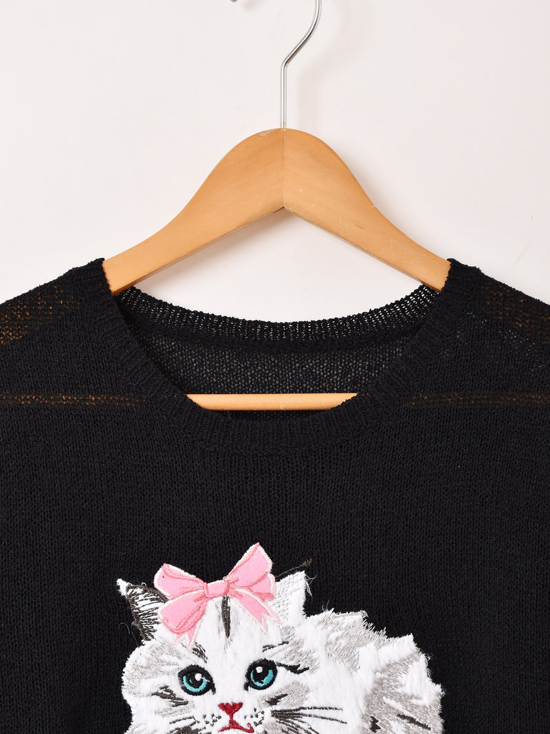2色展開】Meridian ネコ 刺繍 半袖セーター – 古着屋Top of the Hillの