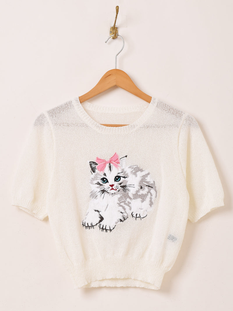 2色展開】Meridian ネコ 刺繍 半袖セーター – 古着屋Top of the Hillの