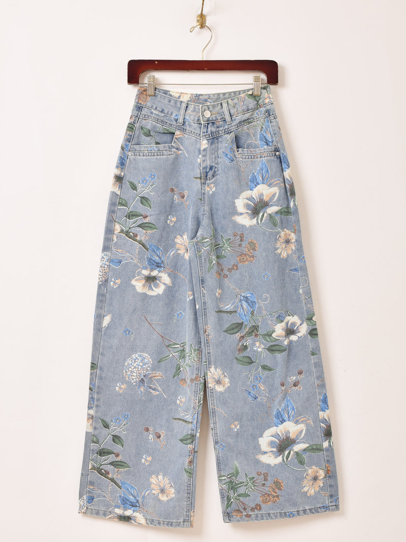 Elcamino 花柄 草花モチーフ デニムパンツ