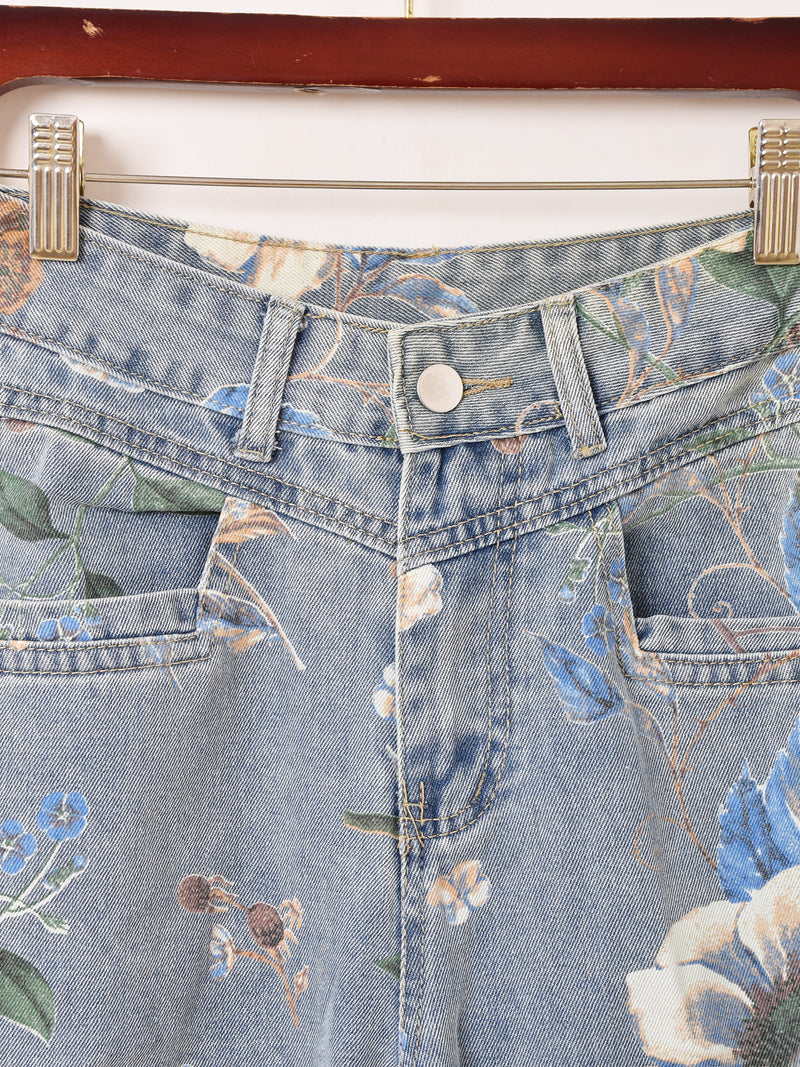 Elcamino 花柄 草花モチーフ デニムパンツ