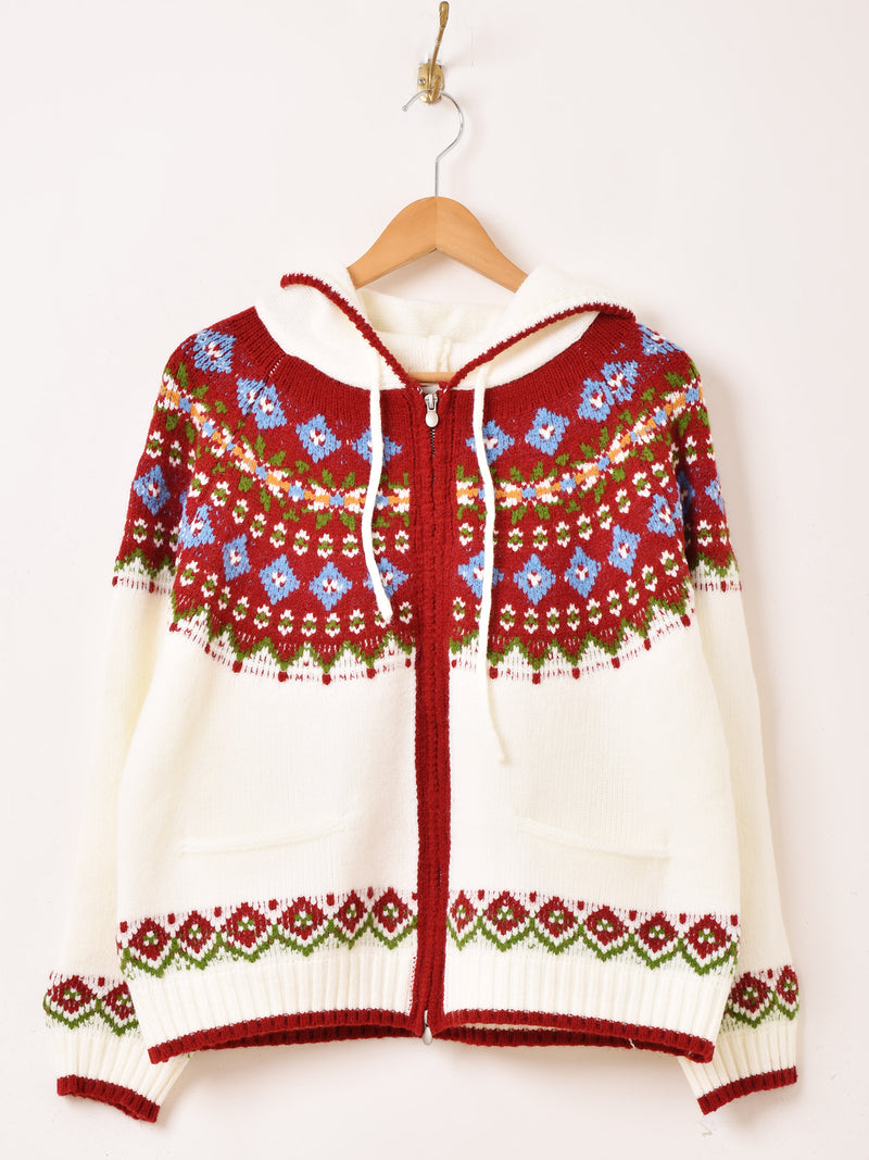 Elcamino ノルディック柄 フード ジップアップ カーディガン