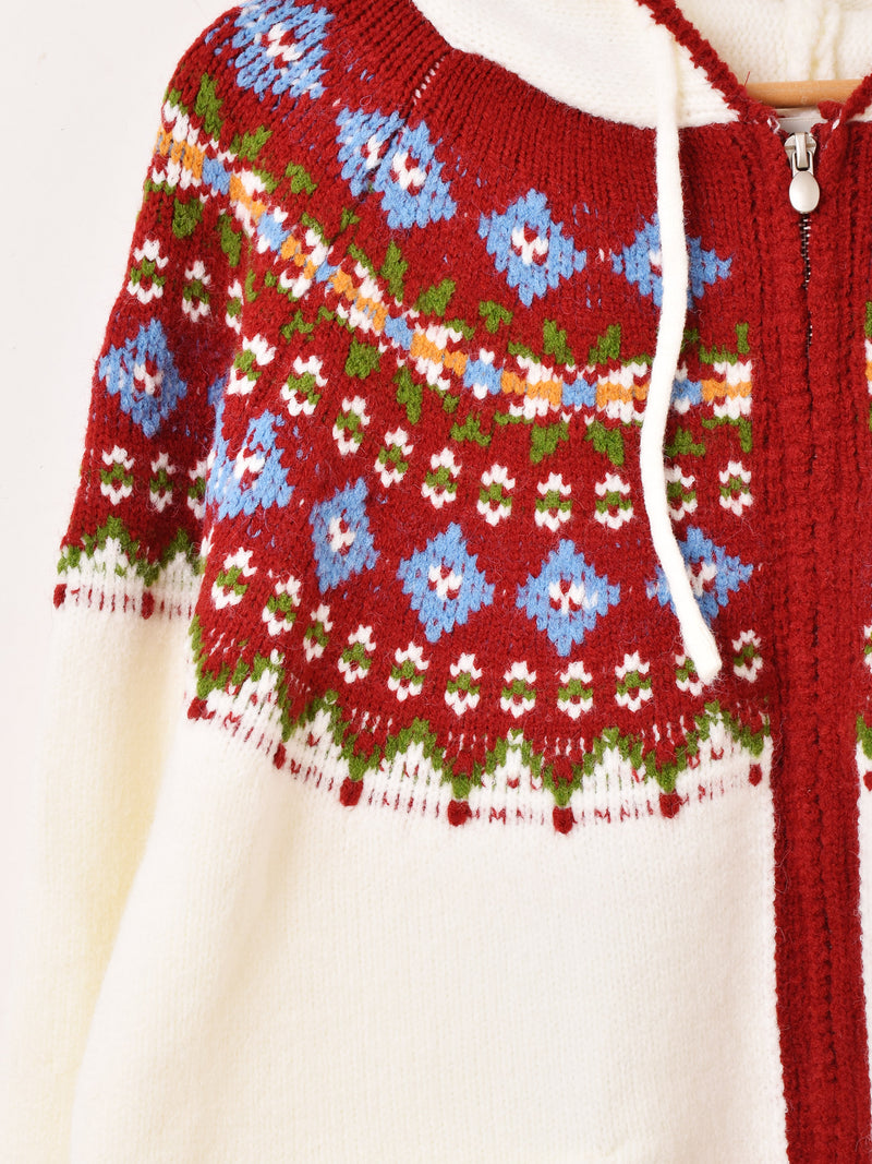 Elcamino ノルディック柄 フード ジップアップ カーディガン