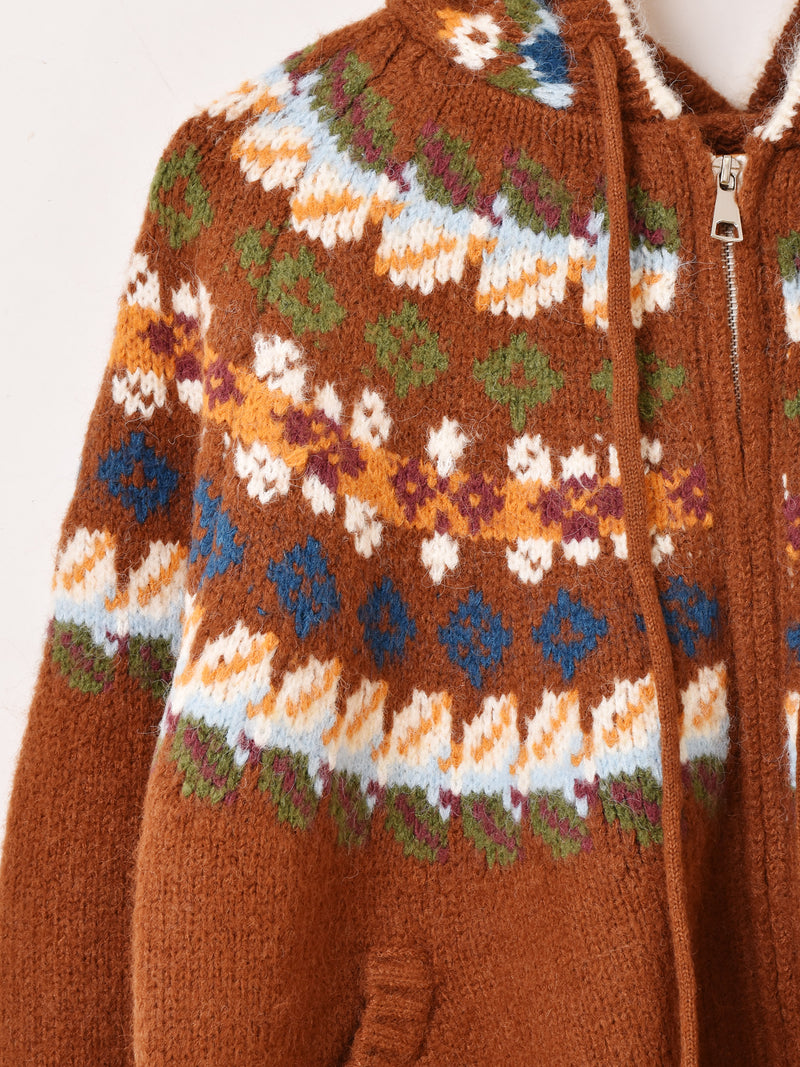 【2色展開】Meridian フェアアイル風デザイン フード カーディガン