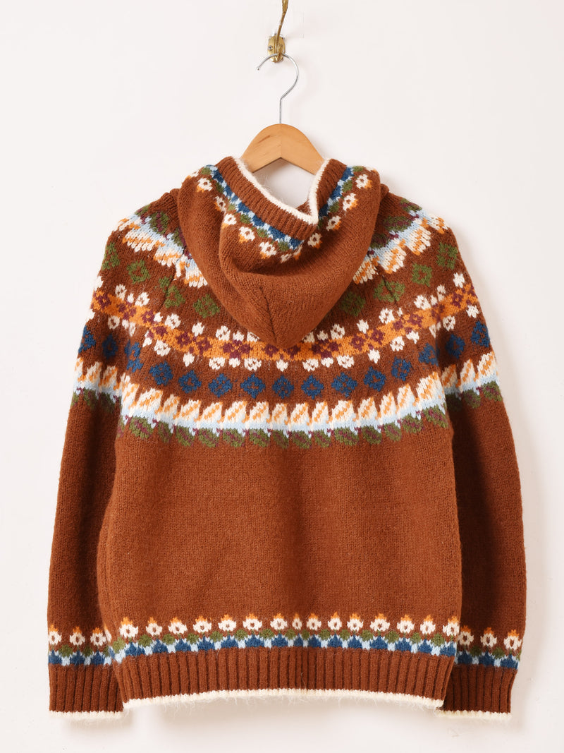 【2色展開】Meridian フェアアイル風デザイン フード カーディガン